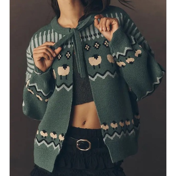 Maeve Anthropologie Tie Front Cardigan Sweater- Sheep Fairisle - Picture 2 of 9